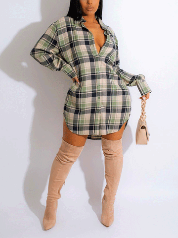 Long Sleeve Plaid Buckle Shirt Dresses