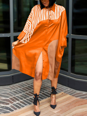 Colorblock Turndown Collar Shirt Dresses