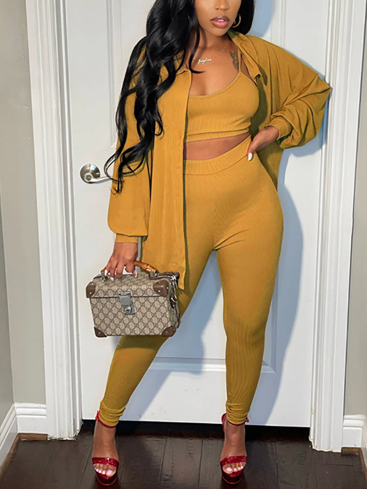 3PCS Button Shirt Pants Set With Crop Cami Top