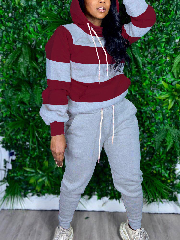 Striped Kangaroo Pocket Hooded Pants Set