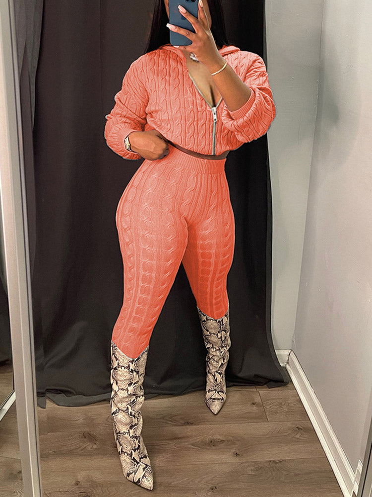 Knit Hoodie Zipper Top Pants Set