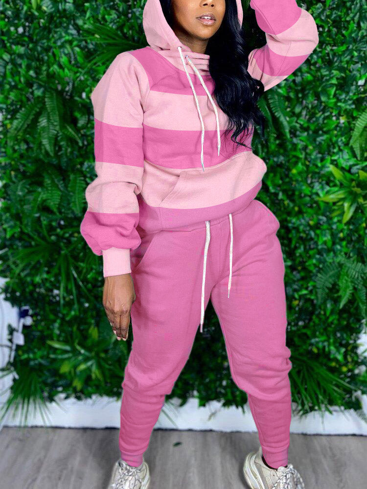 Striped Kangaroo Pocket Hooded Pants Set
