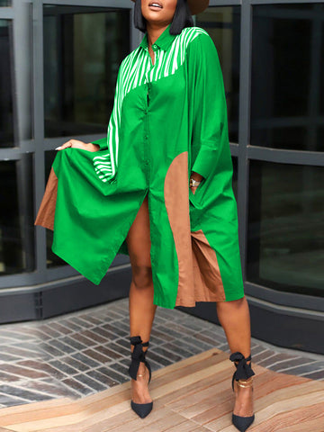 Colorblock Turndown Collar Shirt Dresses