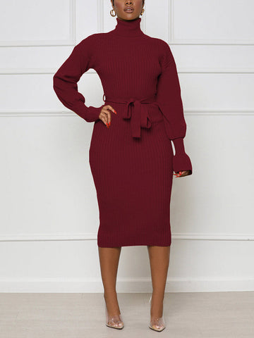 Turtleneck Knit Tie Waist Dresses