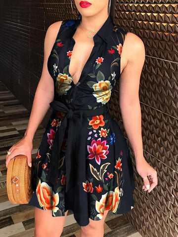 Printed V Neck Belt Dresses