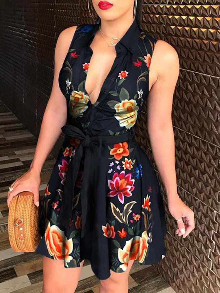 Printed V Neck Belt Dresses