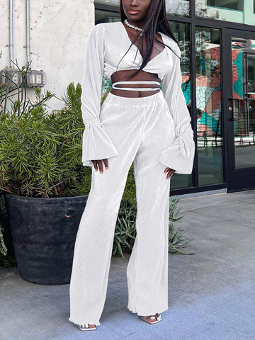 Flare Sleeve Crop Top Wide Leg Pants