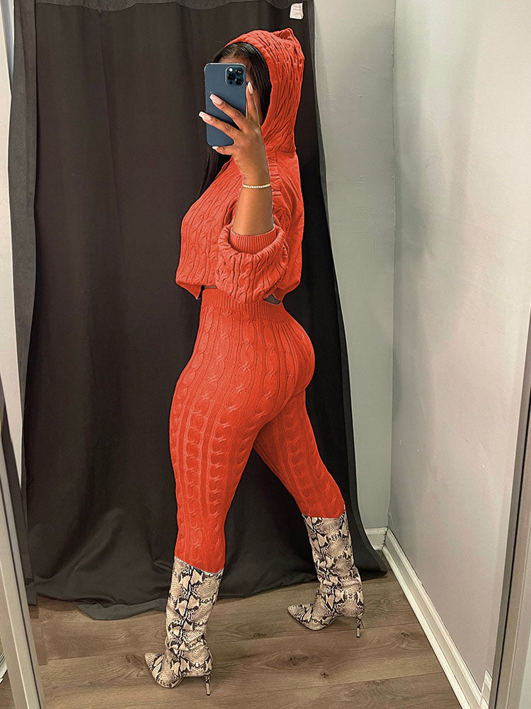 Knit Hoodie Crop Top Pants Set