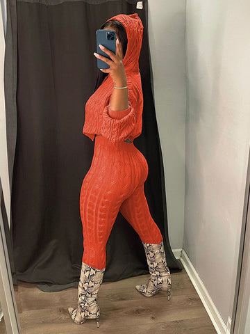 Knit Hoodie Crop Top Pants Set