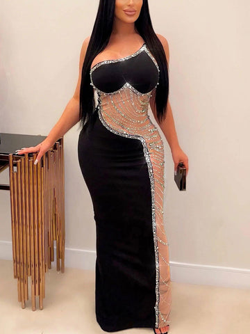 Rhinestone Pearls Mesh Asymmetrical Dresses