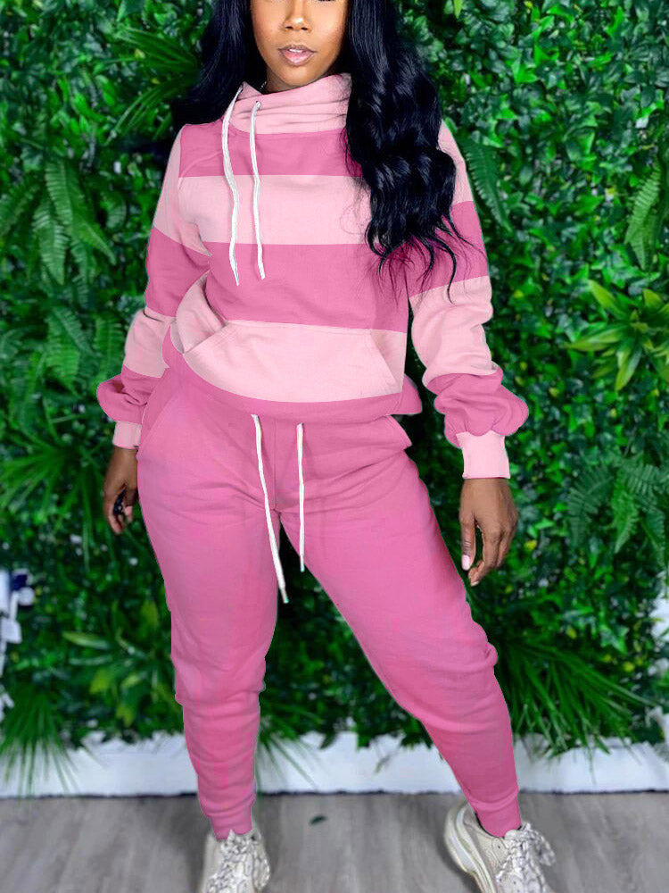 Striped Kangaroo Pocket Hooded Pants Set