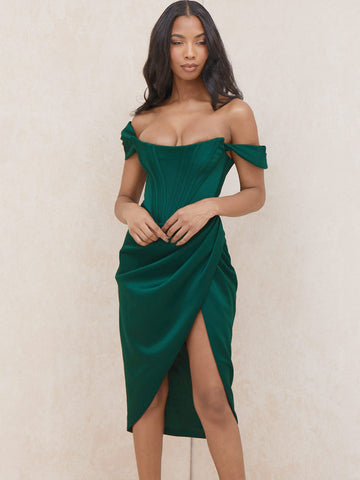 Cap Shoulder Corset Bodycon Midi Dress - Dark Green