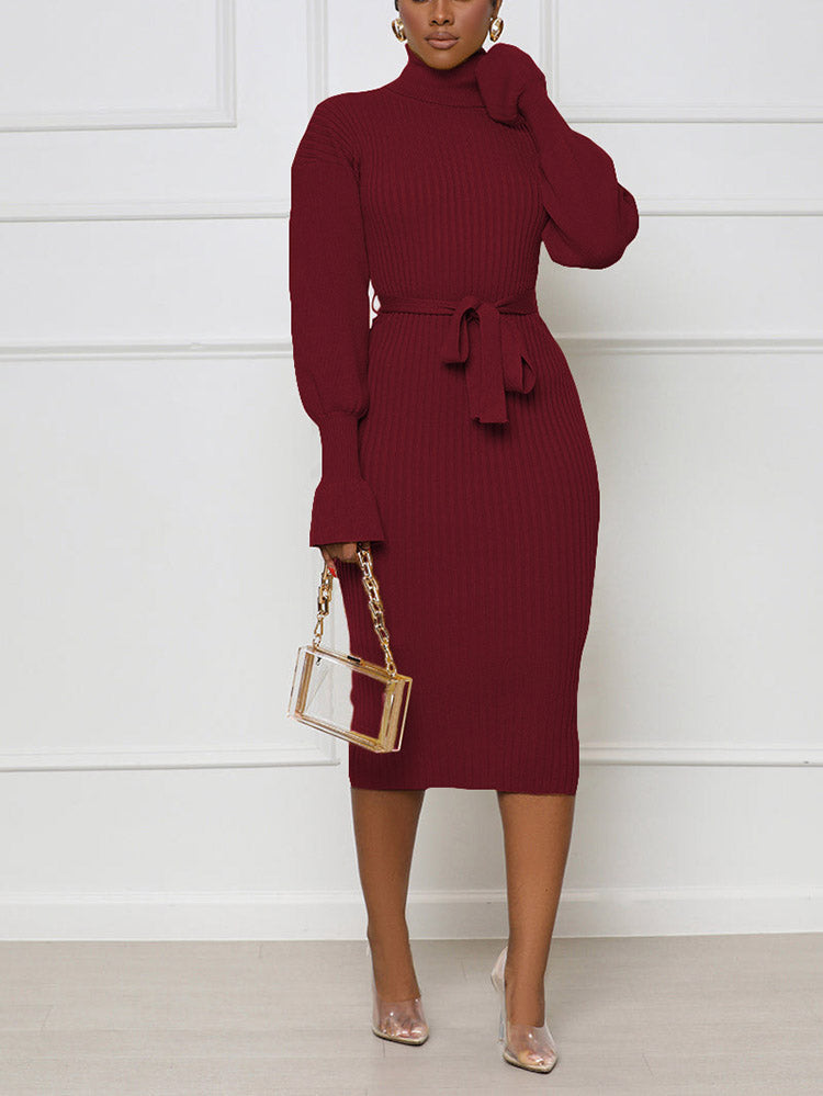 Turtleneck Knit Tie Waist Dresses