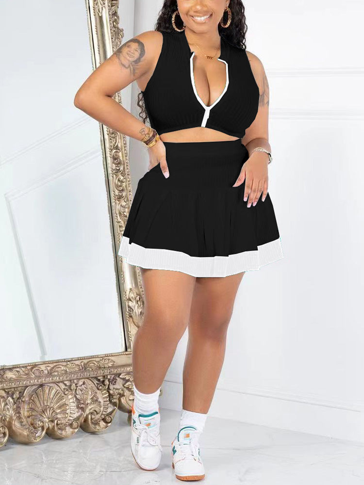 Colorblock Crop Top Pleated Skirt Set