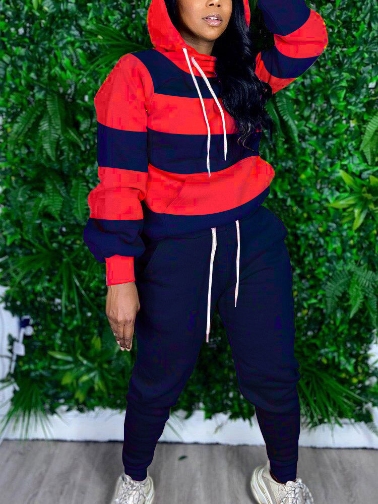Striped Kangaroo Pocket Hooded Pants Set