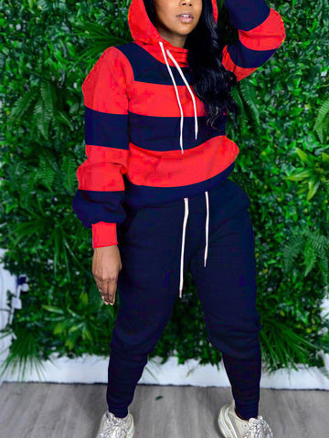 Striped Kangaroo Pocket Hooded Pants Set