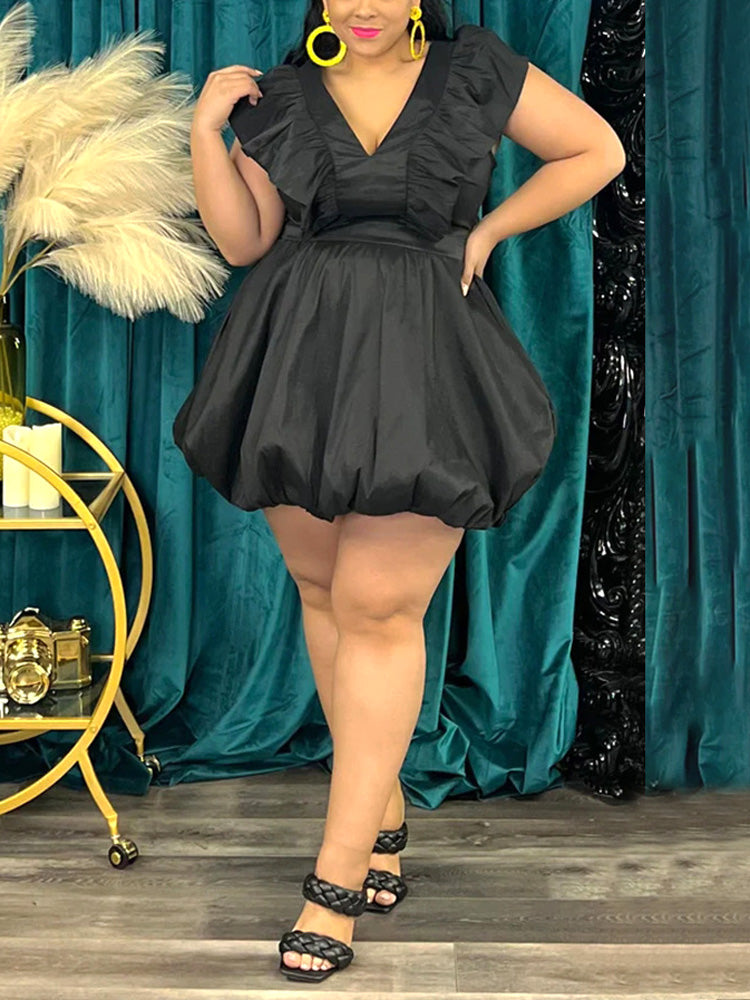 V Neck Ruffle Puff Dresses