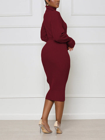 Turtleneck Knit Tie Waist Dresses
