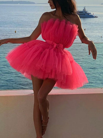 Bow Decor Layered Tulle Cocktail Dresses