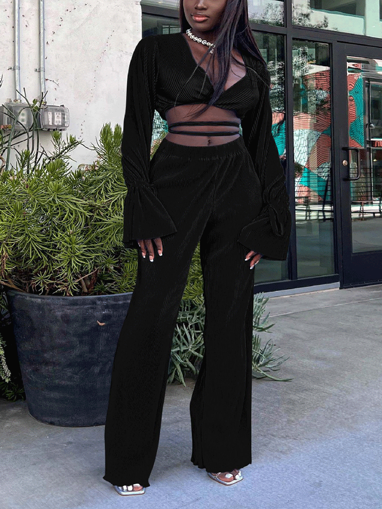 Flare Sleeve Crop Top Wide Leg Pants