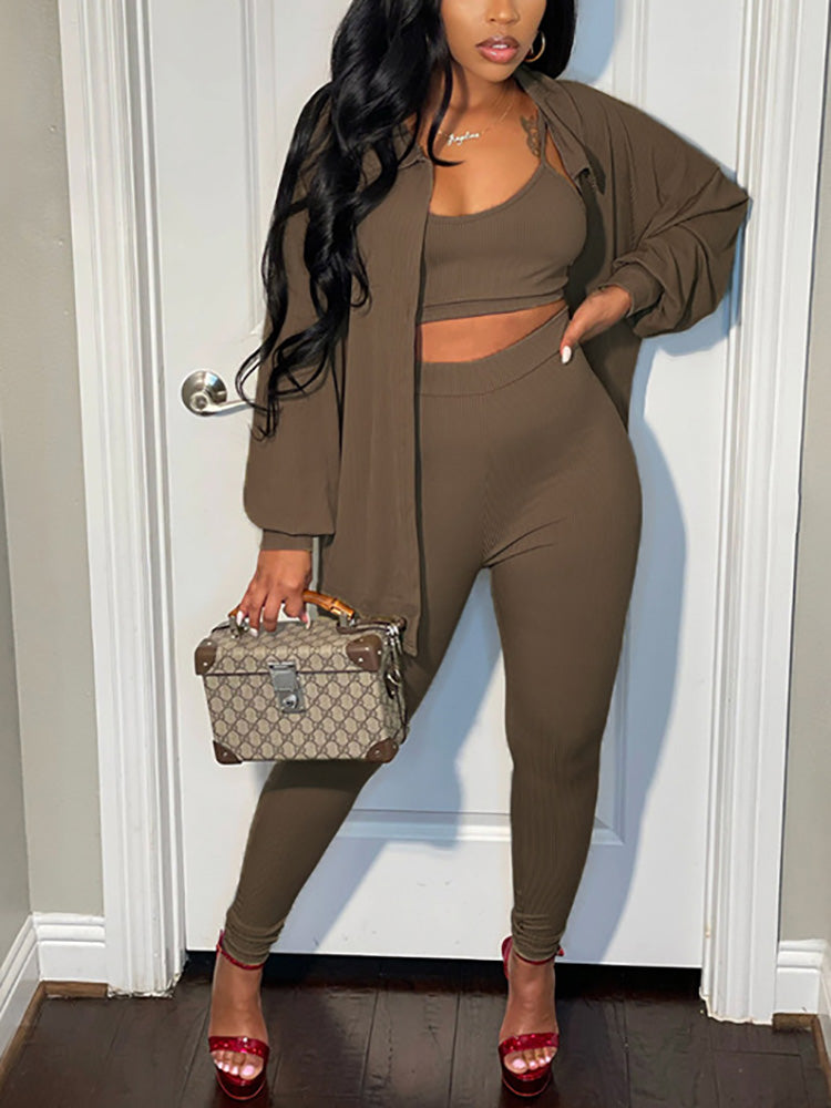 3PCS Button Shirt Pants Set With Crop Cami Top
