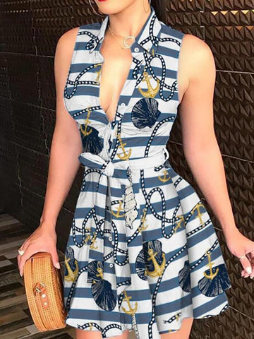 Printed V Neck Belt Dresses