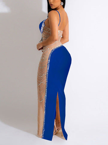 Rhinestone Pearls Mesh Asymmetrical Dresses