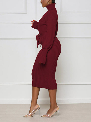 Turtleneck Knit Tie Waist Dresses