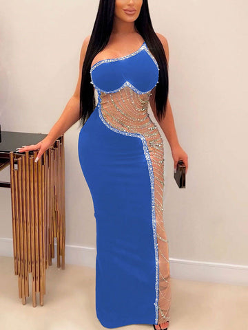 Rhinestone Pearls Mesh Asymmetrical Dresses