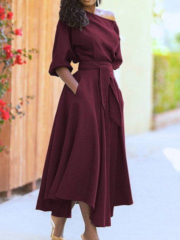 Oblique Neckline Half Sleeve Maxi Dresses