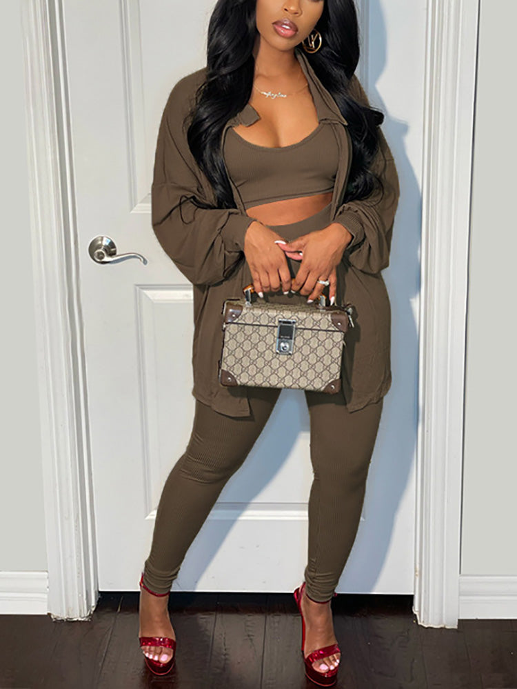 3PCS Button Shirt Pants Set With Crop Cami Top