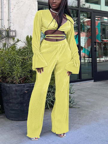 Flare Sleeve Crop Top Wide Leg Pants