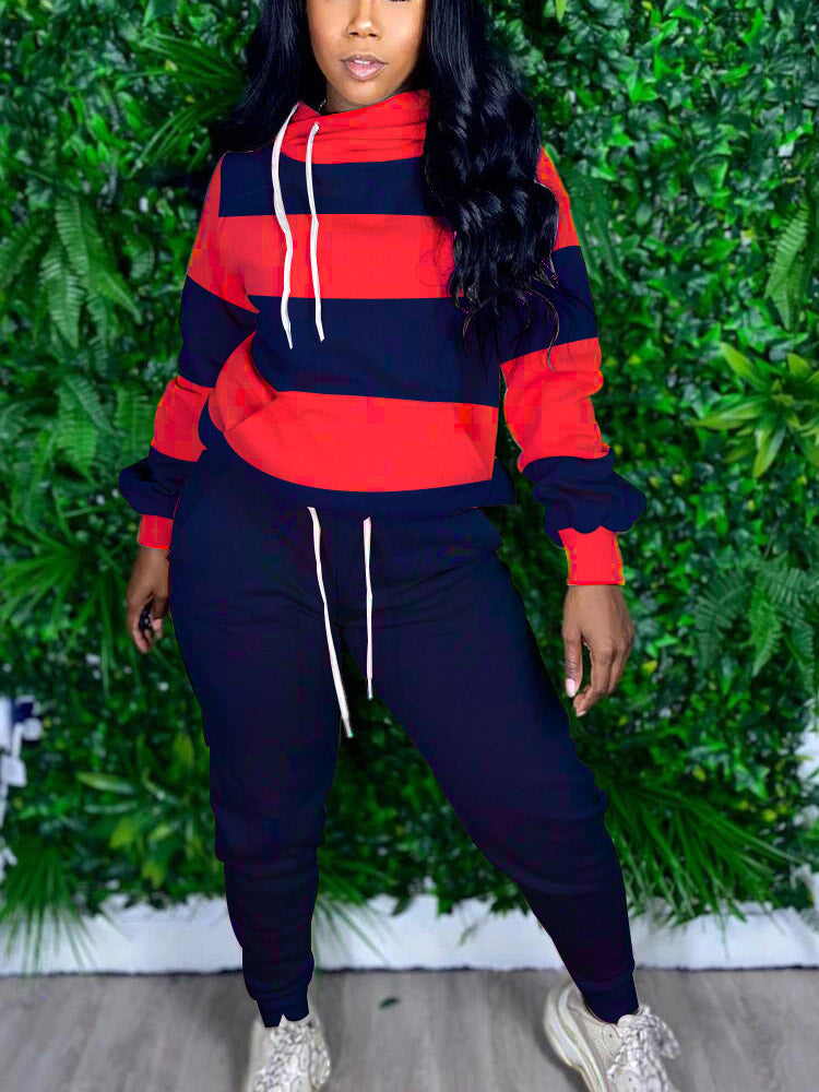 Striped Kangaroo Pocket Hooded Pants Set