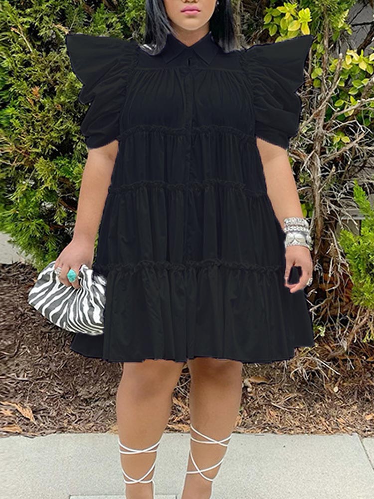 Puff Sleeve Ruffle Shirt Dresses