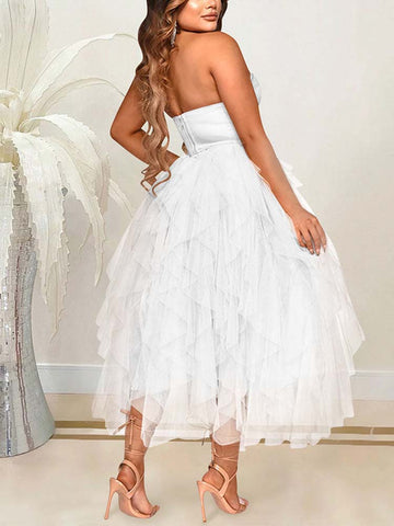 Rhinestone Tube Tulle Prom Midi Dresses