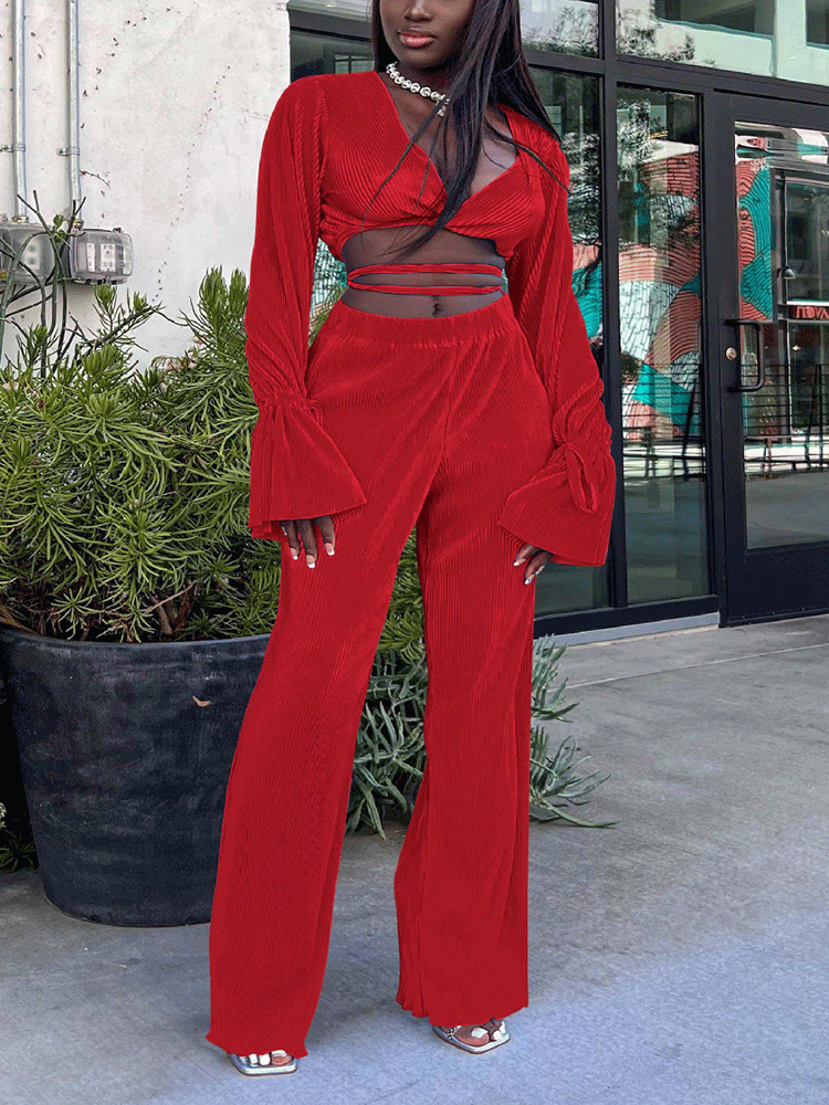 Flare Sleeve Crop Top Wide Leg Pants