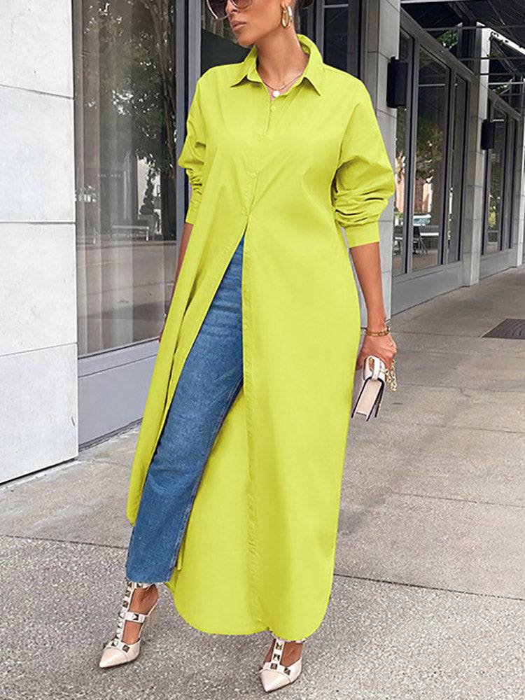 Solid Button Split Shirt Dresses
