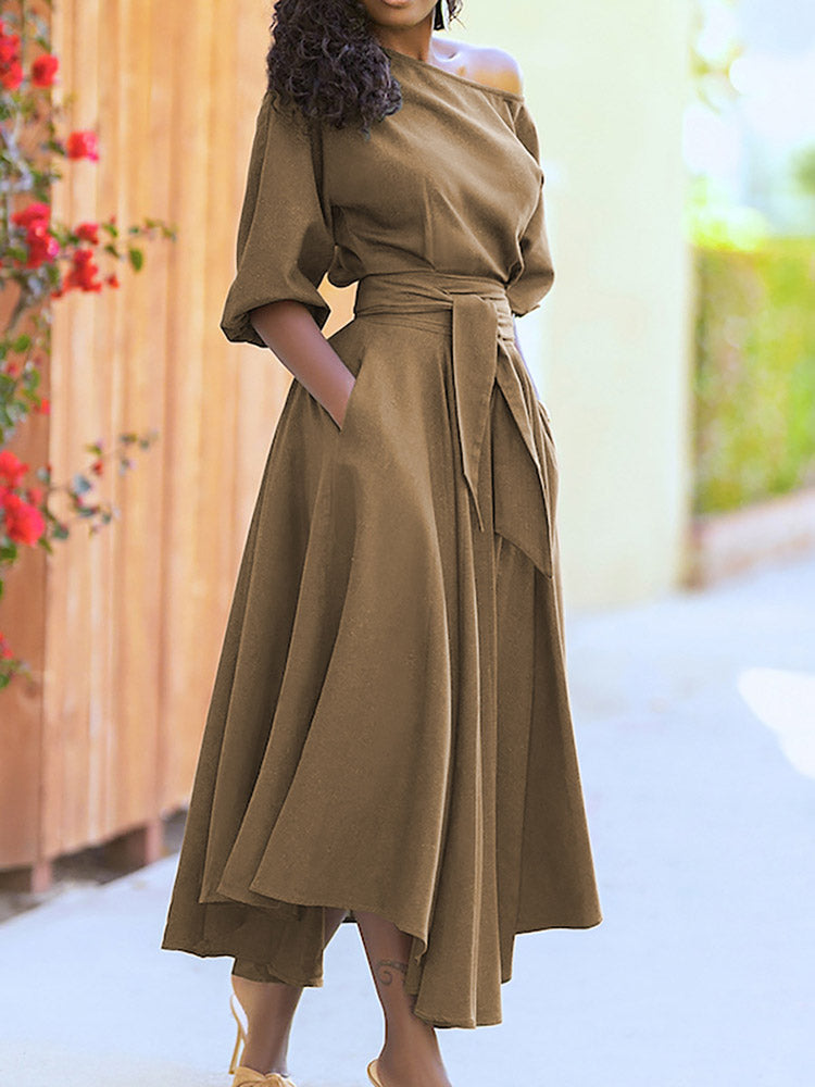 Oblique Neckline Half Sleeve Maxi Dresses