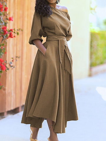 Oblique Neckline Half Sleeve Maxi Dresses