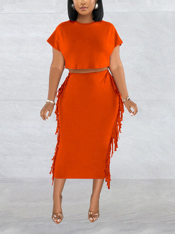 Fringe Crop Top Skirt Set