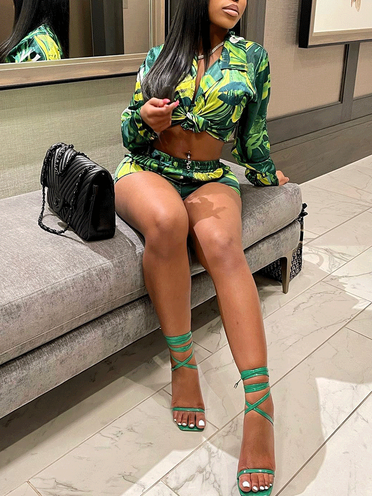Button Top Lace Up Shorts Casual Set