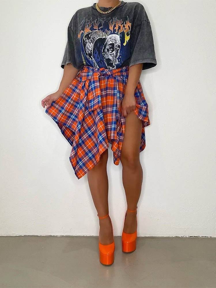 Asymmetric Plaid Midi Skirts
