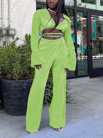 Flare Sleeve Crop Top Wide Leg Pants