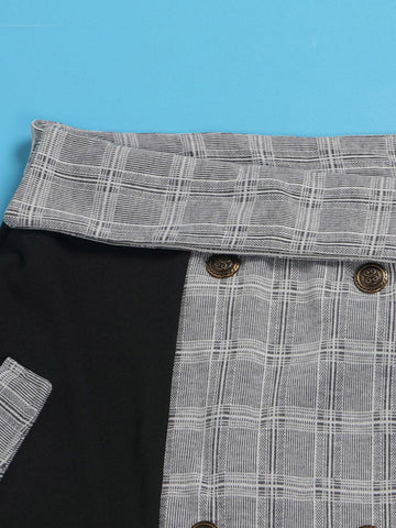 High Neck Top and Plaid Skirt Set