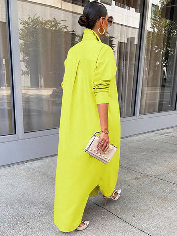 Solid Button Split Shirt Dresses