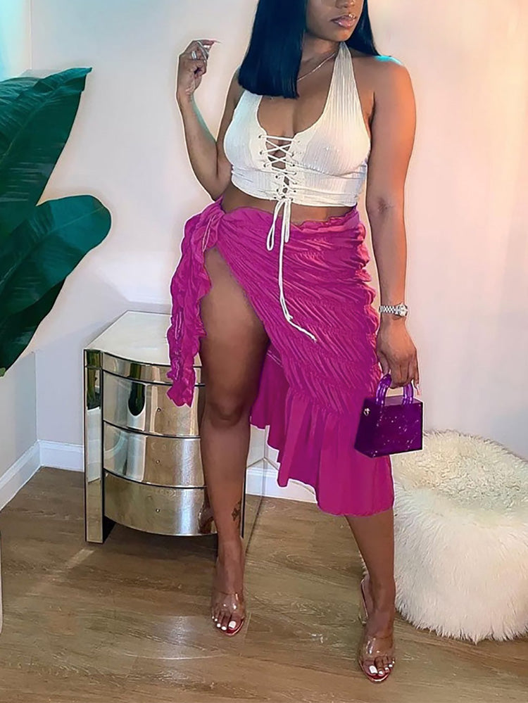 Solid Slit Tie Ruched Skirts