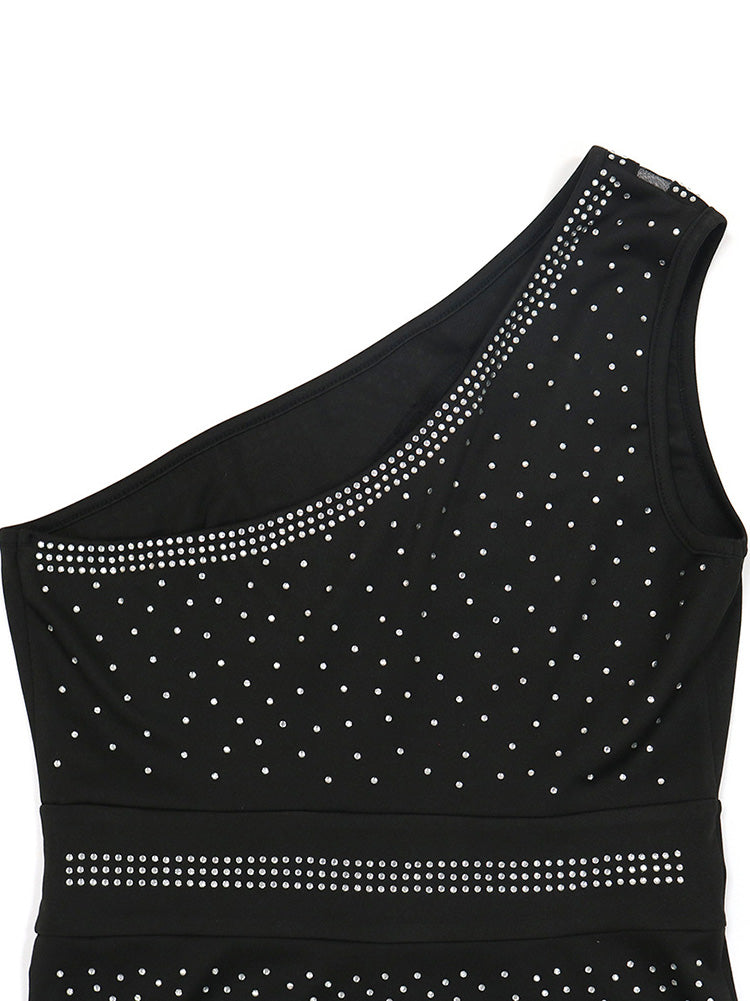 Rhinestone One Shoulder Slit Dresses