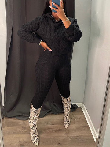 Knit Hoodie Crop Top Pants Set
