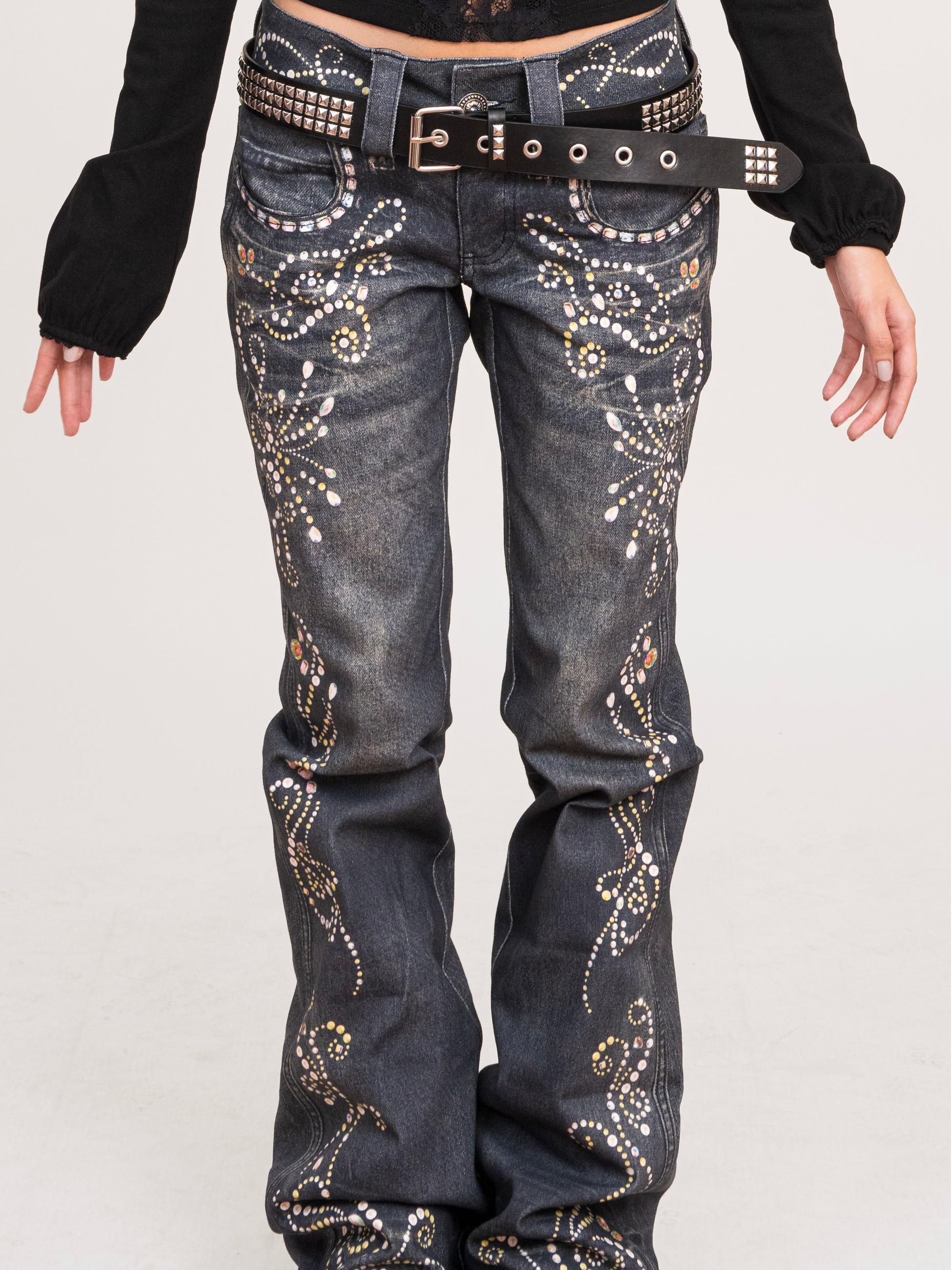 Rhinestone Pattern Silhouette Flared Jeans