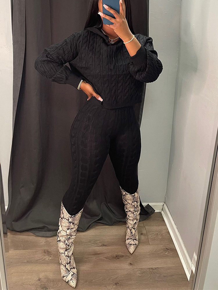 Knit Hoodie Crop Top Pants Set